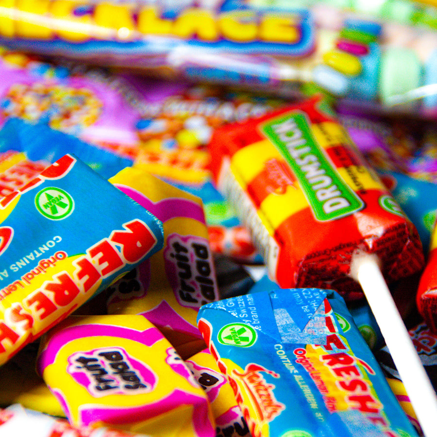 A close up of the contents of our Penny Post Retro Sweets letterbox hamper - filled with classic sweets including Refreshers, Drumstick & Fruit Salad sweets.